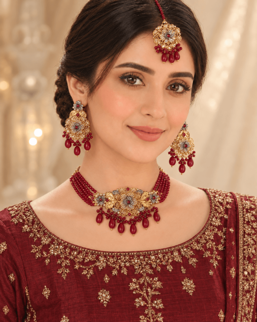 Multi-Strand Beaded Floral Choker Set with Earrings & Tikka