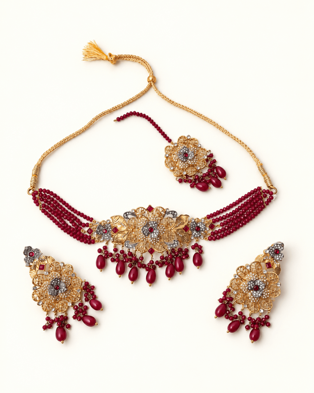 Multi-Strand Beaded Floral Choker Set with Earrings & Tikka