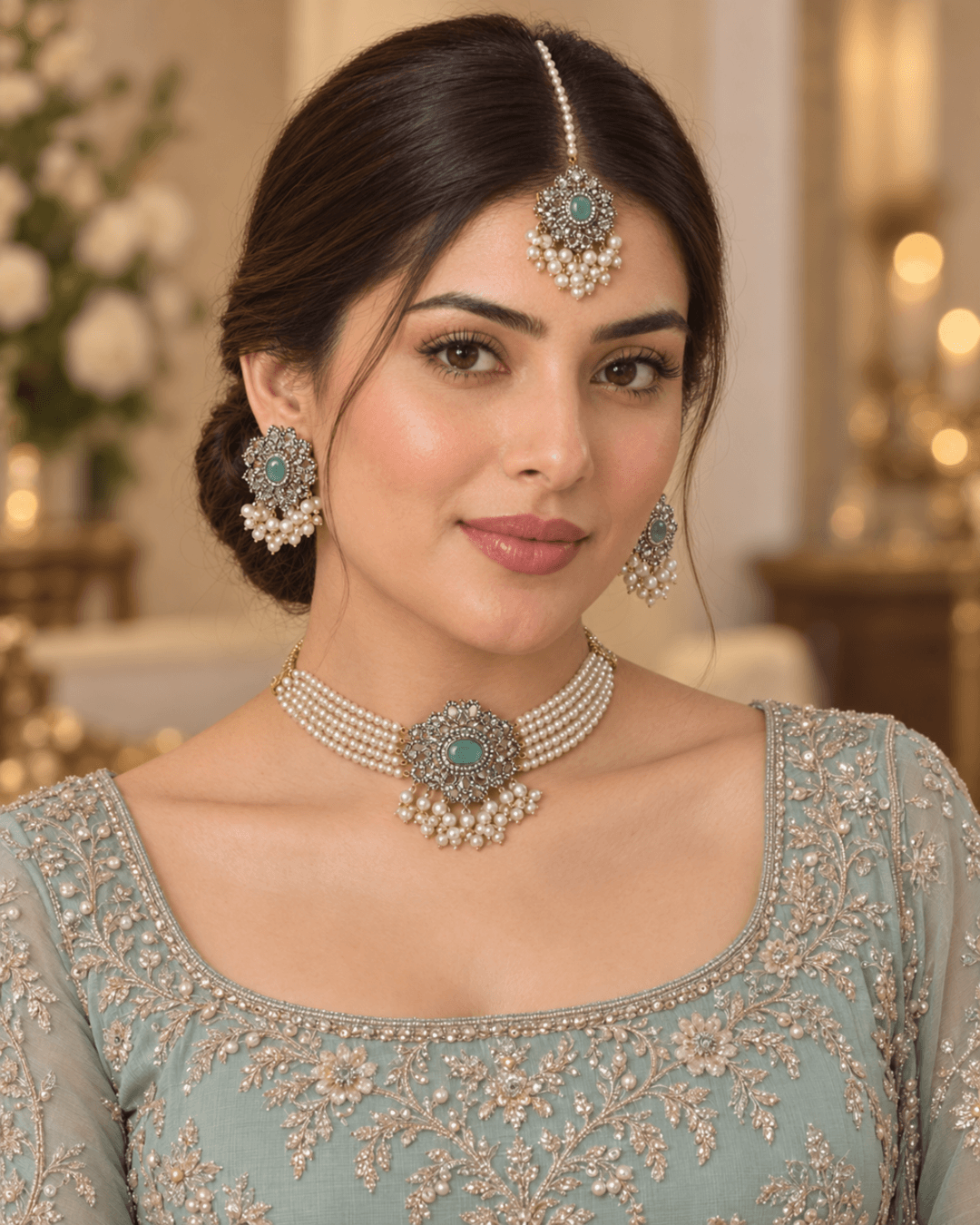 Multi-Strand Pearl & Bead Choker Set with Earrings & Tikka