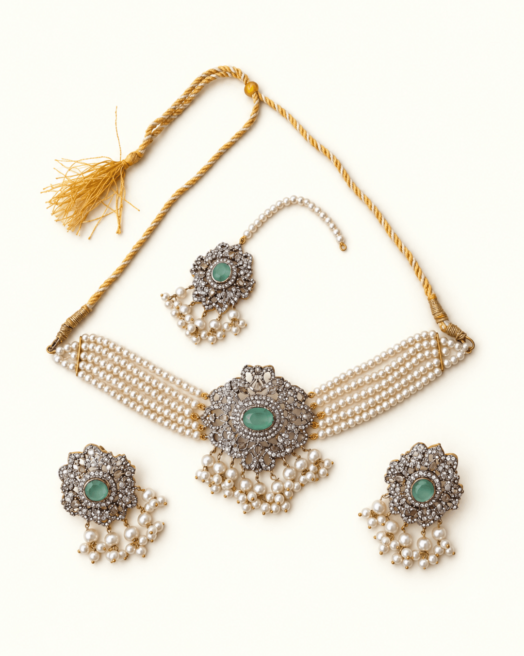 Multi-Strand Pearl & Bead Choker Set with Earrings & Tikka