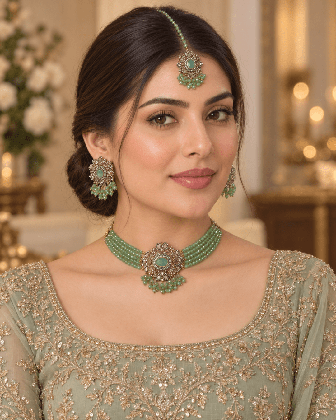 Multi-Strand Pearl & Bead Choker Set with Earrings & Tikka