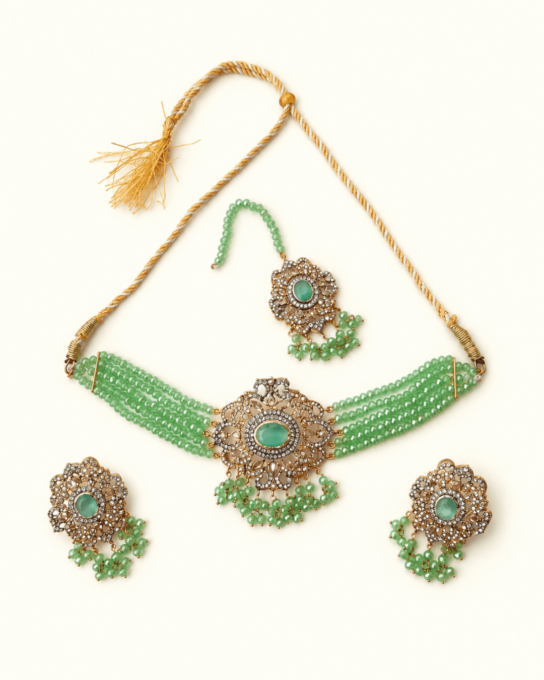 Multi-Strand Pearl & Bead Choker Set with Earrings & Tikka