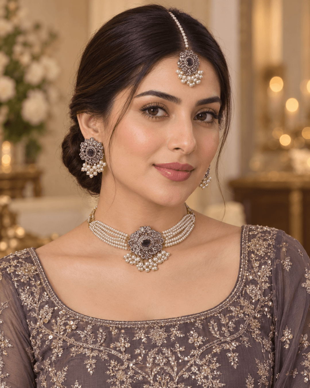 Multi-Strand Pearl & Bead Choker Set with Earrings & Tikka