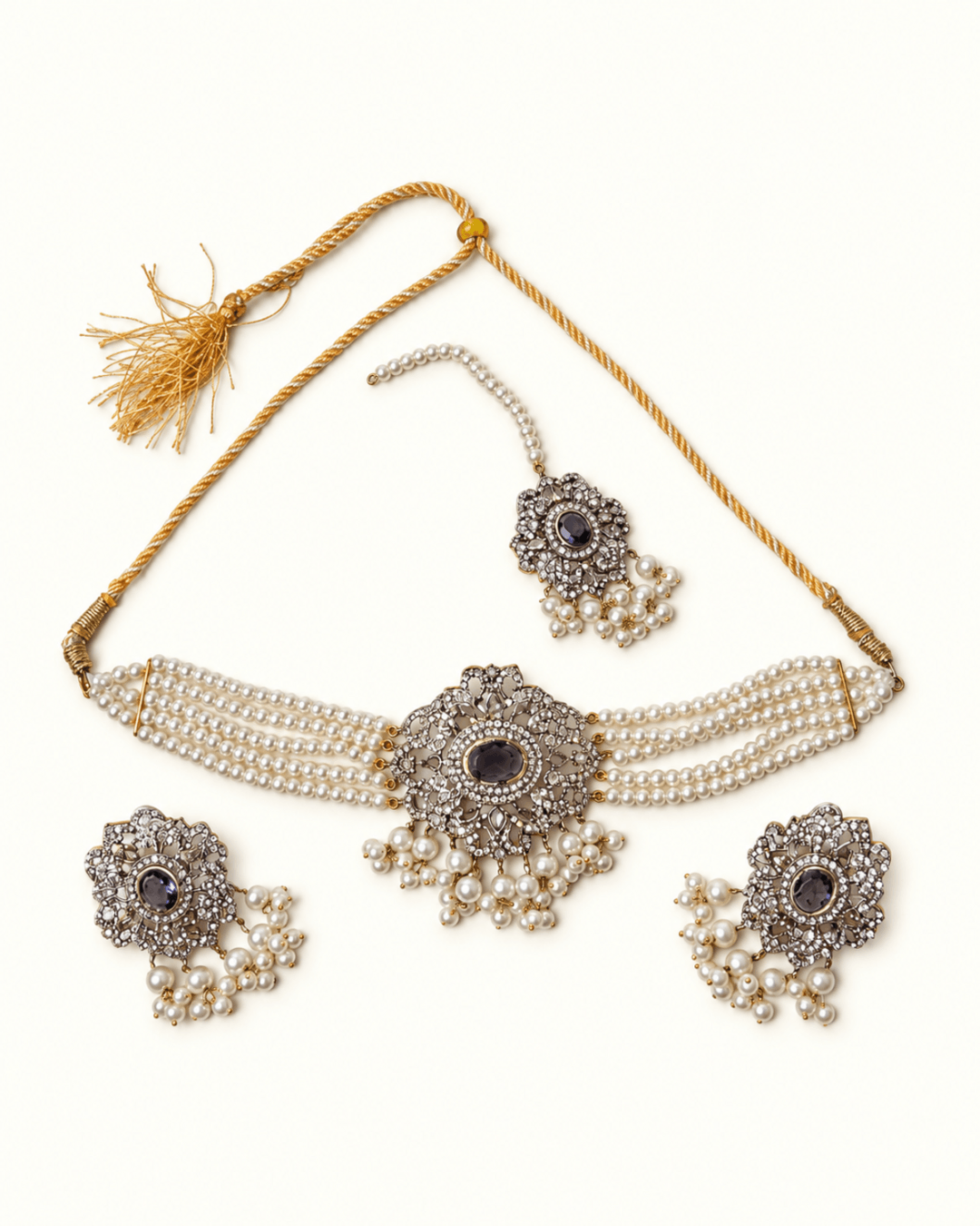 Multi-Strand Pearl & Bead Choker Set with Earrings & Tikka