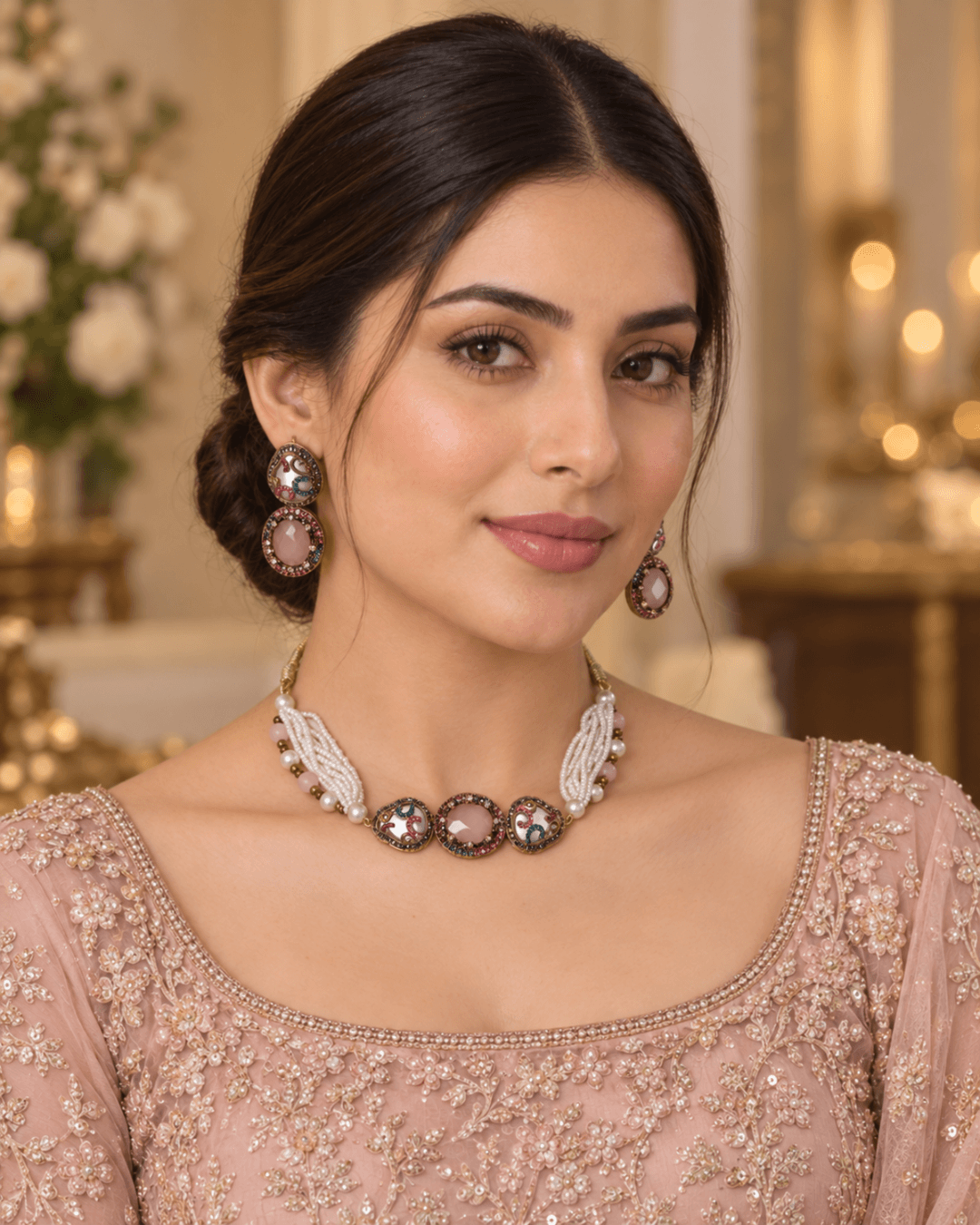 Multi-Strand Pearl Choker Set with Statement Earrings