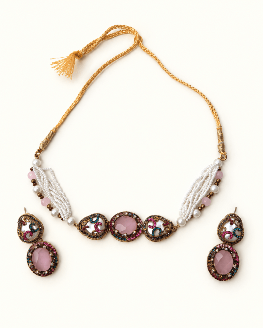 Multi-Strand Pearl Choker Set with Statement Earrings