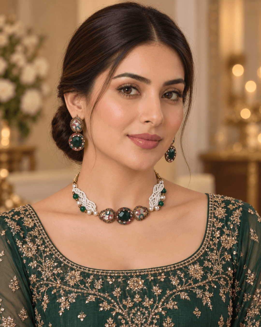 Multi-Strand Pearl Choker Set with Statement Earrings