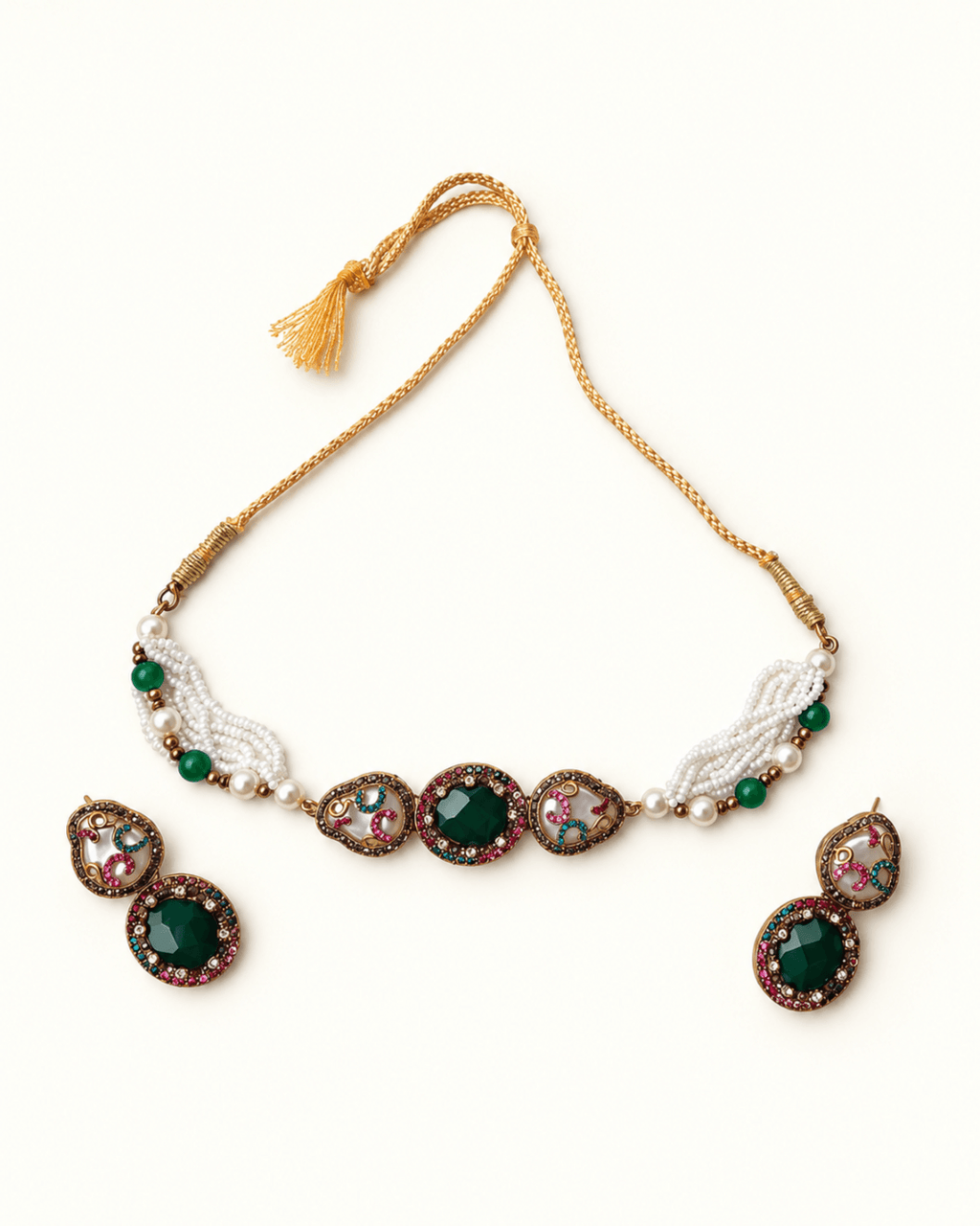 Multi-Strand Pearl Choker Set with Statement Earrings
