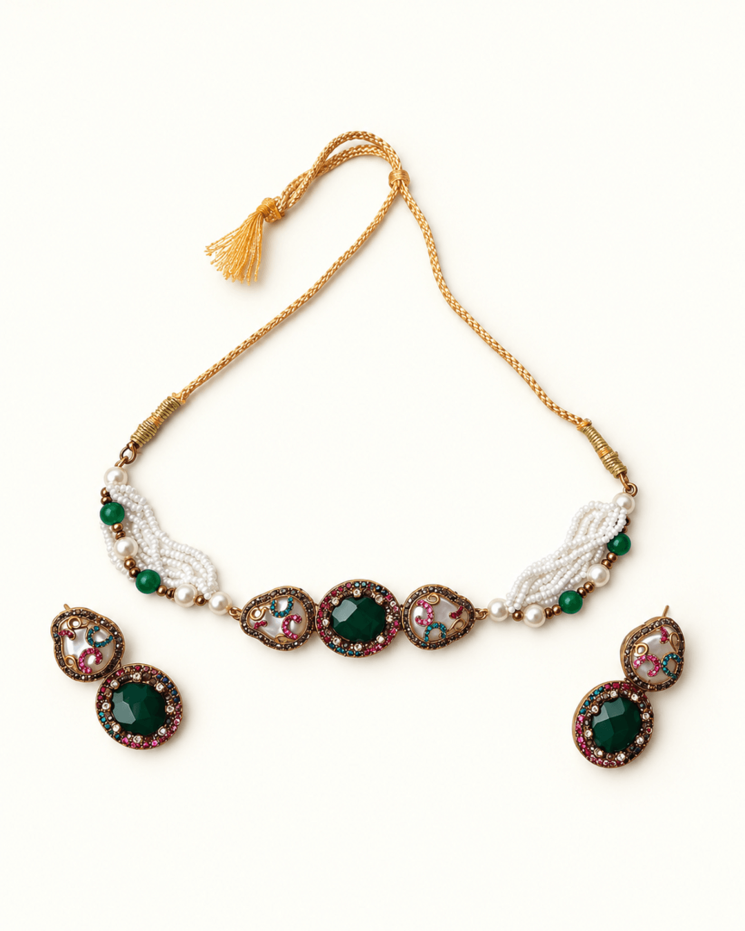 Multi-Strand Pearl Choker Set with Statement Earrings