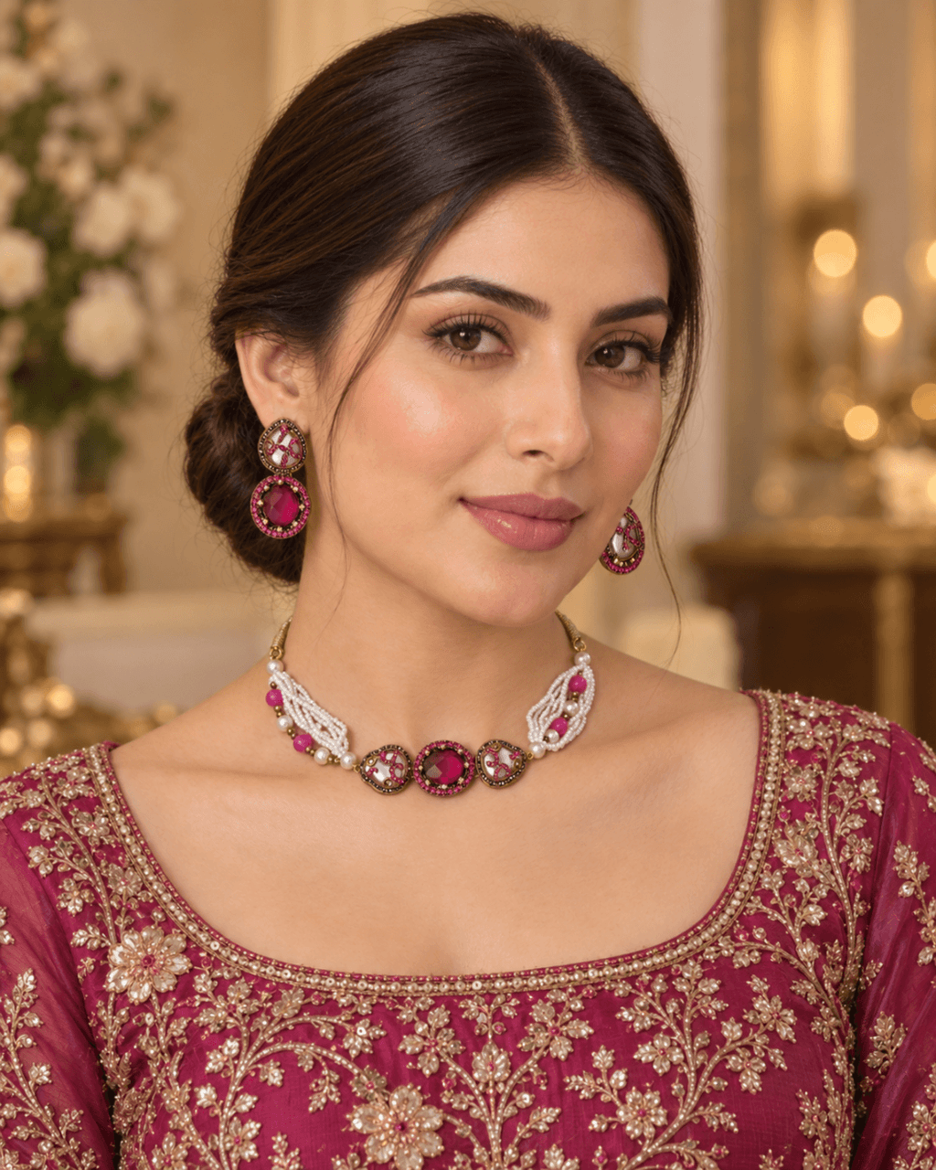 Multi-Strand Pearl Choker Set with Statement Earrings