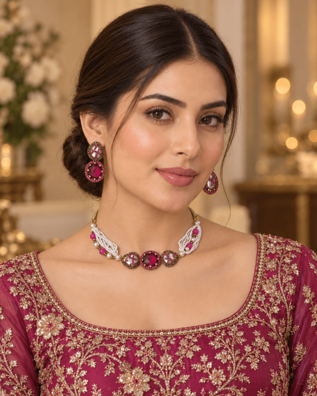 Multi-Strand Pearl Choker Set with Statement Earrings