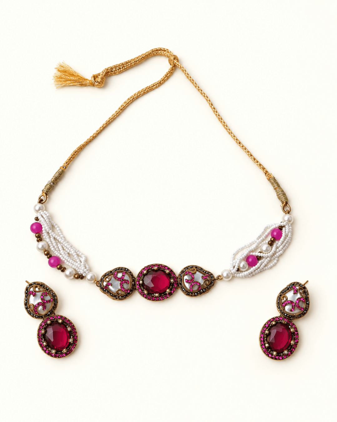 Multi-Strand Pearl Choker Set with Statement Earrings