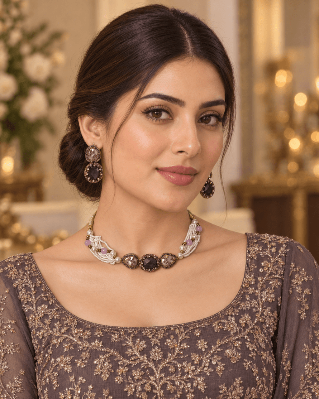 Multi-Strand Pearl Choker Set with Statement Earrings