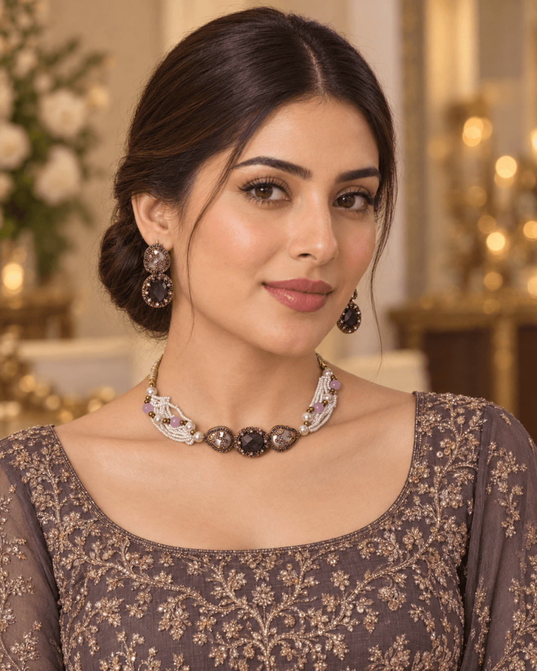 Multi-Strand Pearl Choker Set with Statement Earrings