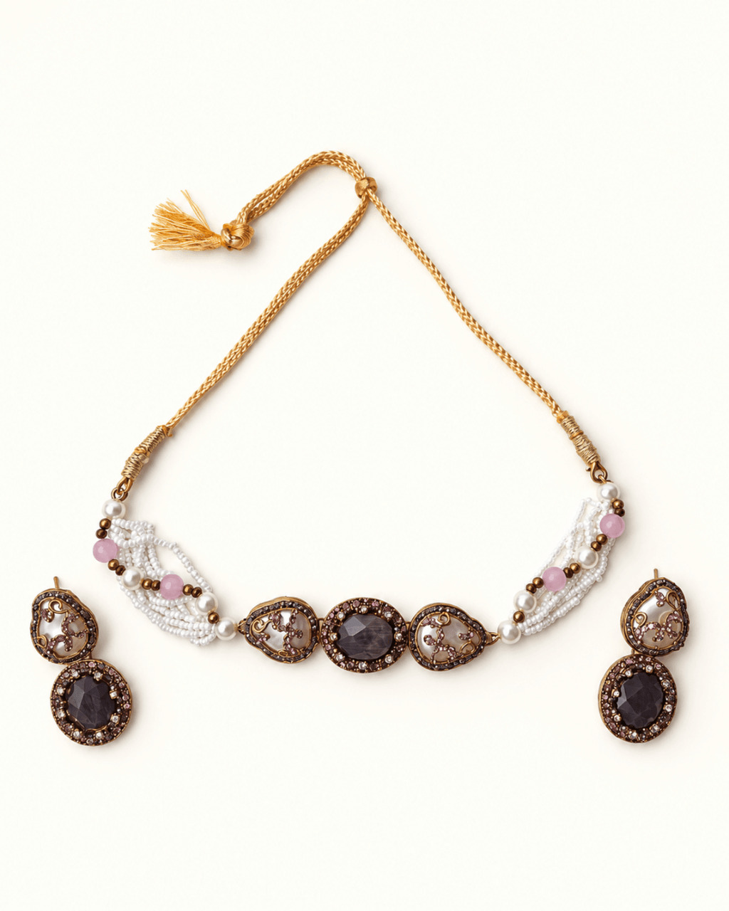 Multi-Strand Pearl Choker Set with Statement Earrings