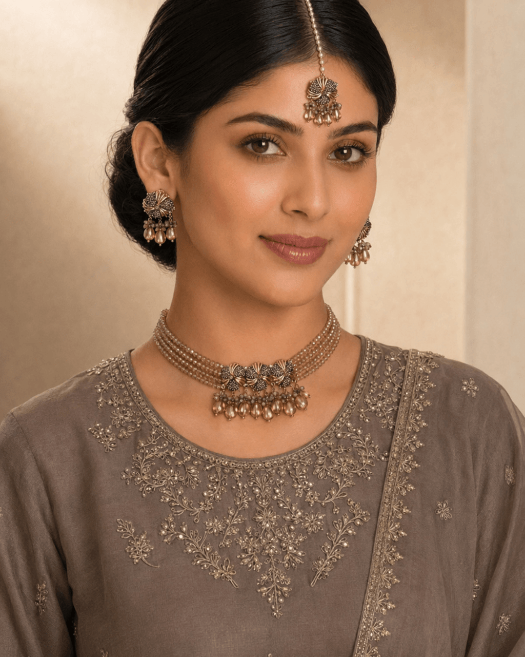 Floral Multi-Strand Beaded Choker Set with Earrings & Tikka