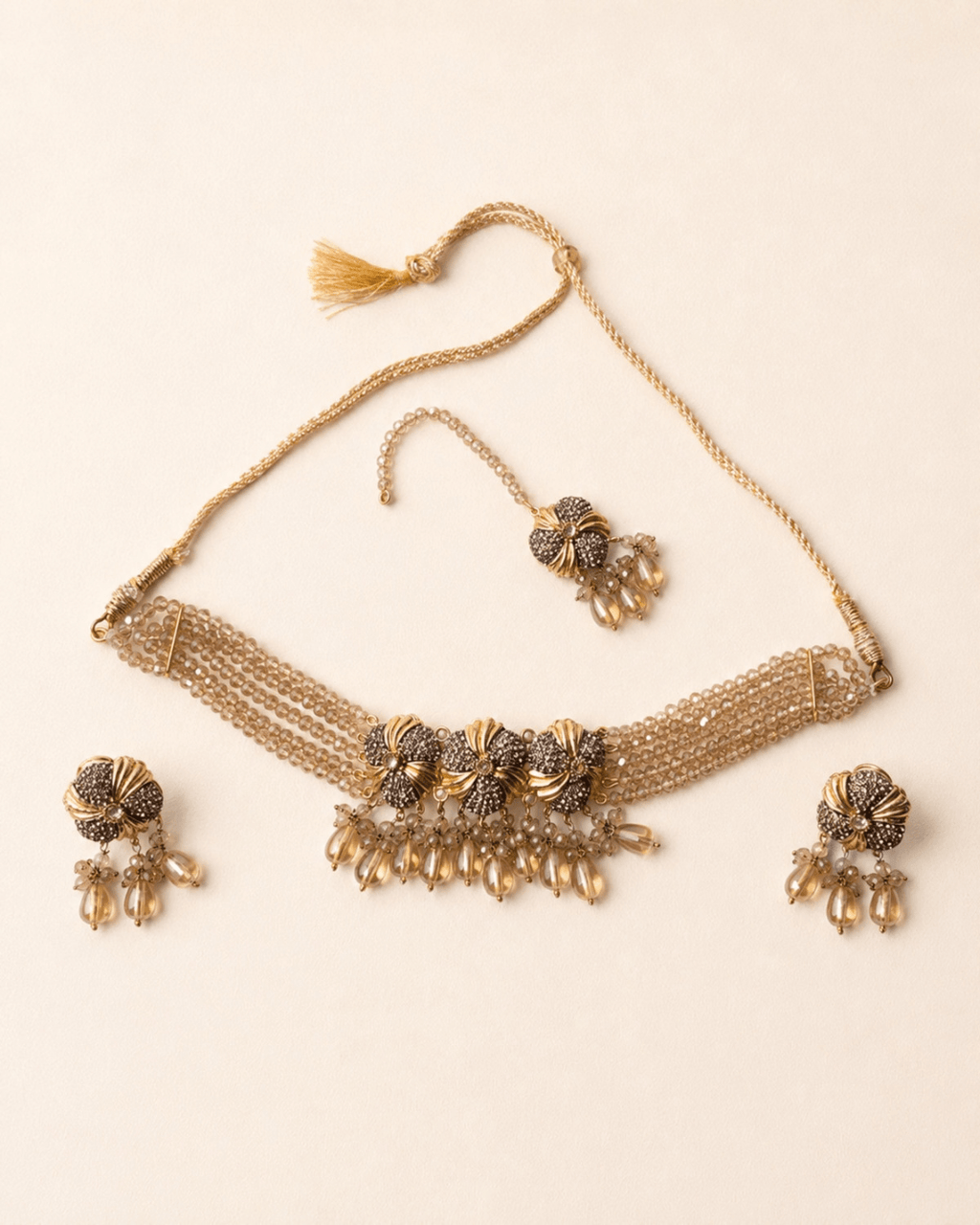 Floral Multi-Strand Beaded Choker Set with Earrings & Tikka