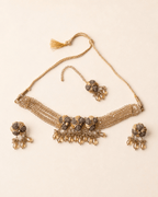 Floral Multi-Strand Beaded Choker Set with Earrings & Tikka