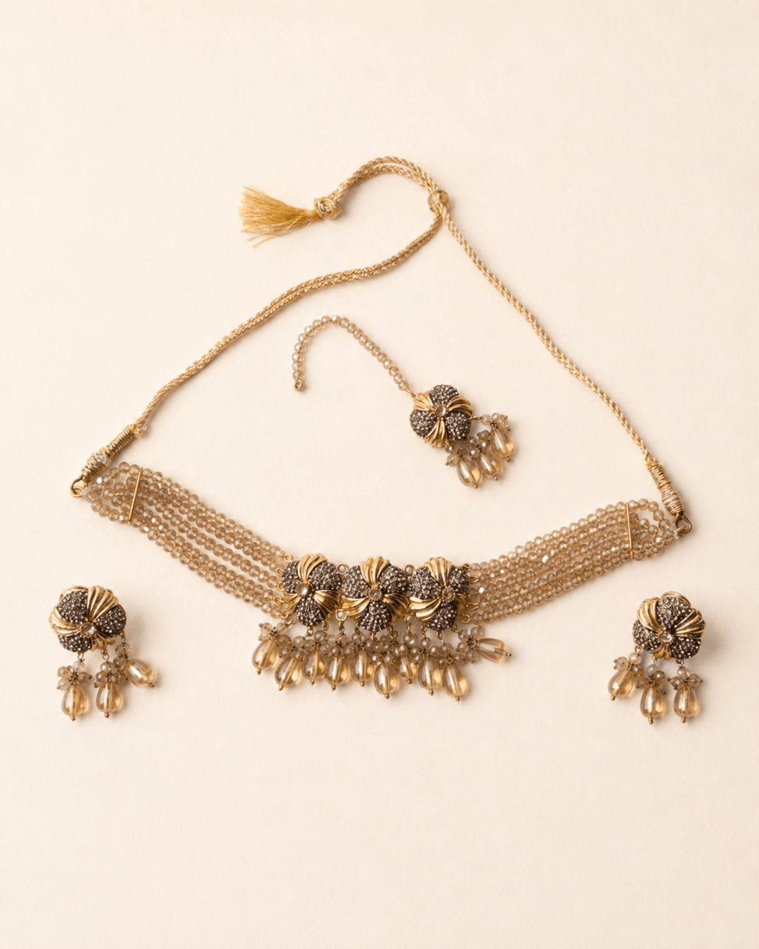 Floral Multi-Strand Beaded Choker Set with Earrings & Tikka
