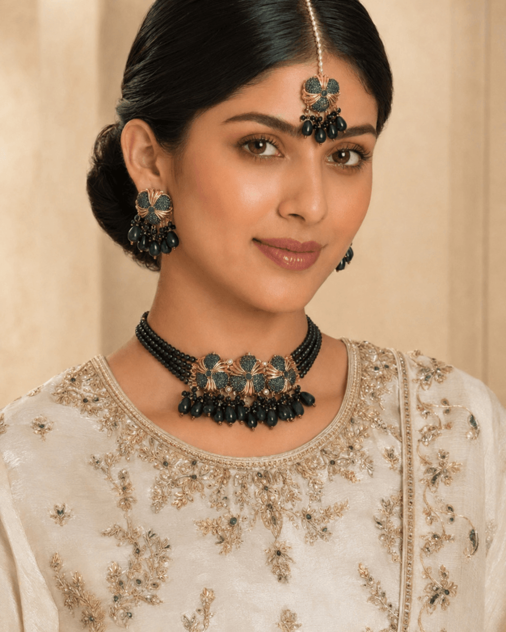 Floral Multi-Strand Beaded Choker Set with Earrings & Tikka
