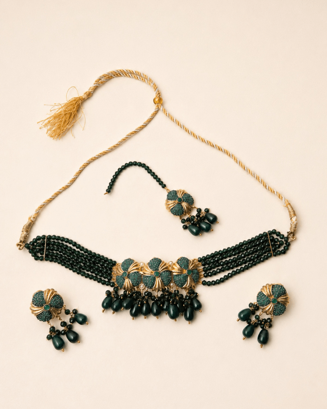 Floral Multi-Strand Beaded Choker Set with Earrings & Tikka