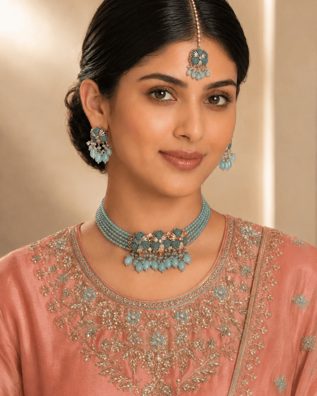 Floral Multi-Strand Beaded Choker Set with Earrings & Tikka