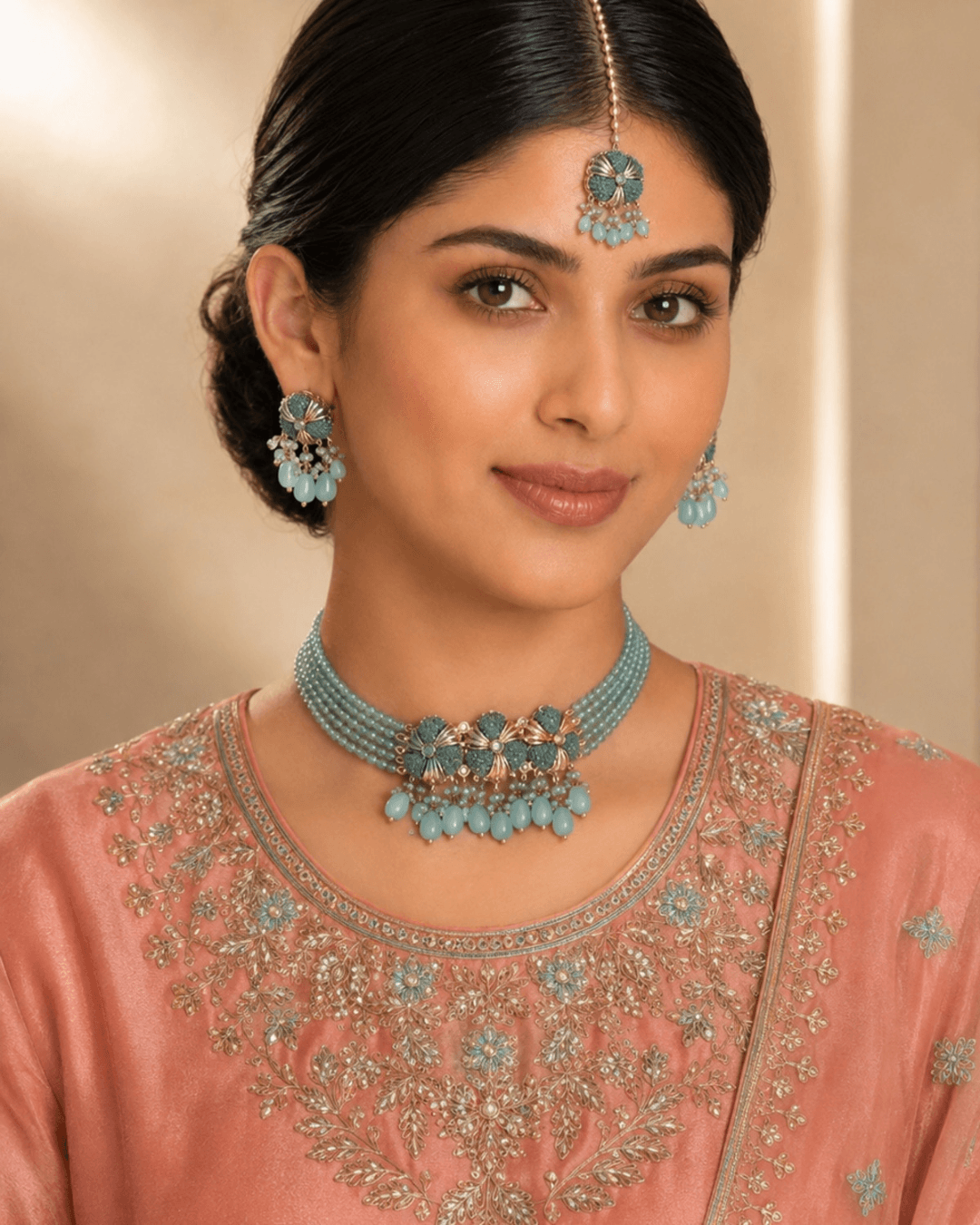 Floral Multi-Strand Beaded Choker Set with Earrings & Tikka