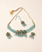 Floral Multi-Strand Beaded Choker Set with Earrings & Tikka