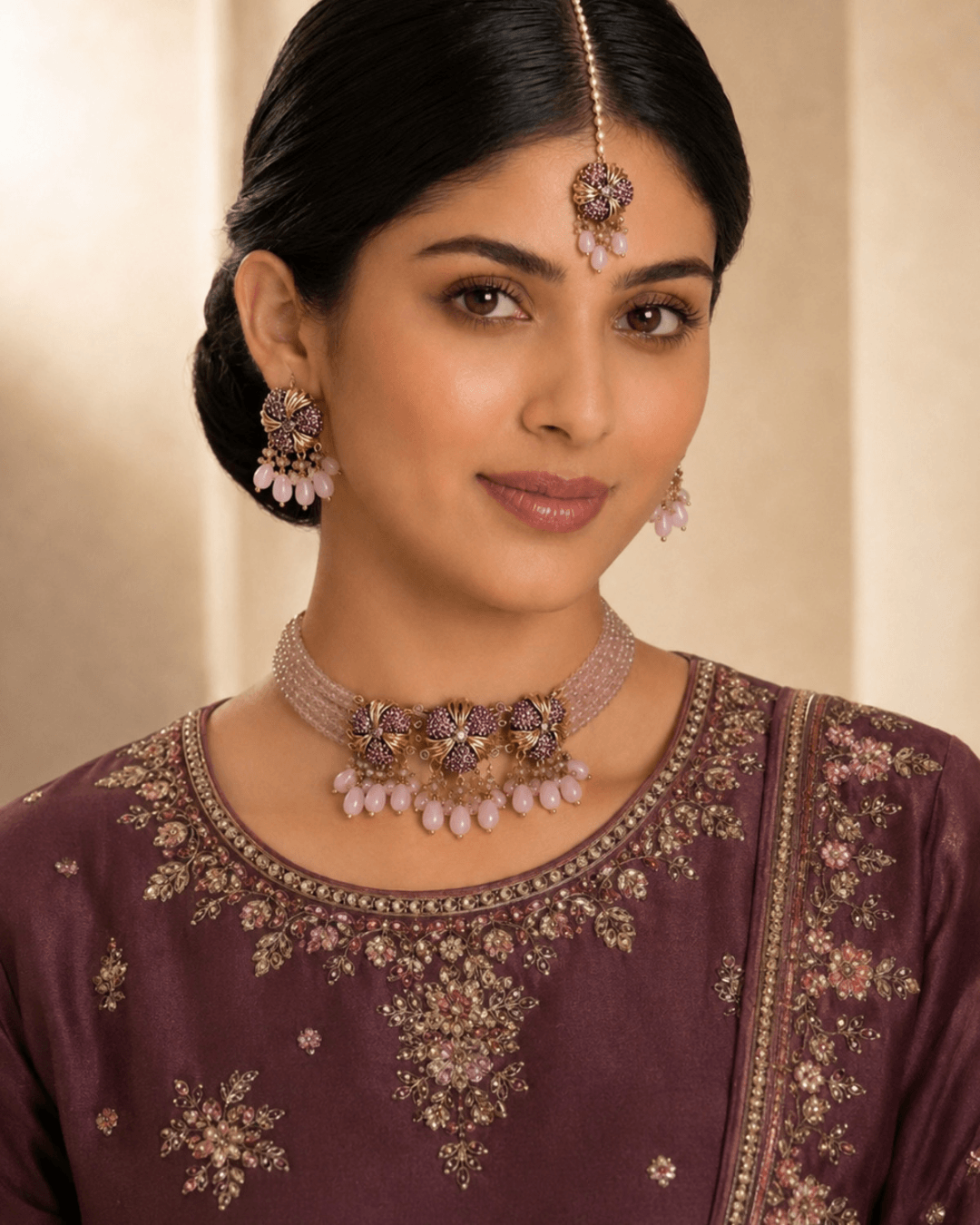 Floral Multi-Strand Beaded Choker Set with Earrings & Tikka