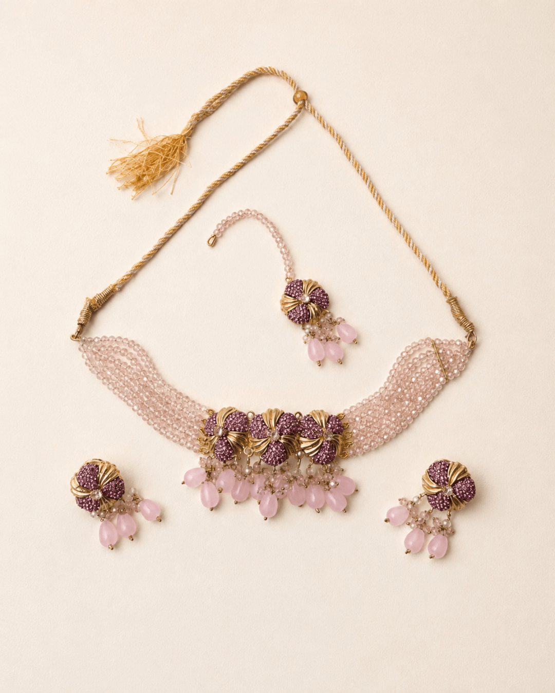Floral Multi-Strand Beaded Choker Set with Earrings & Tikka