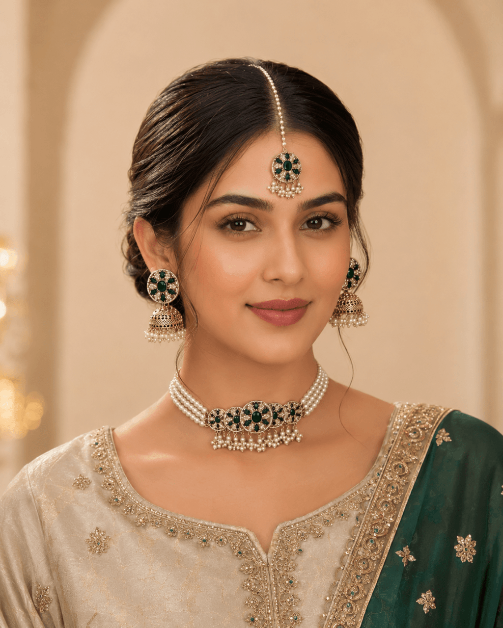 Pearl Floral Choker Set with Jhumka Earrings & Tikka