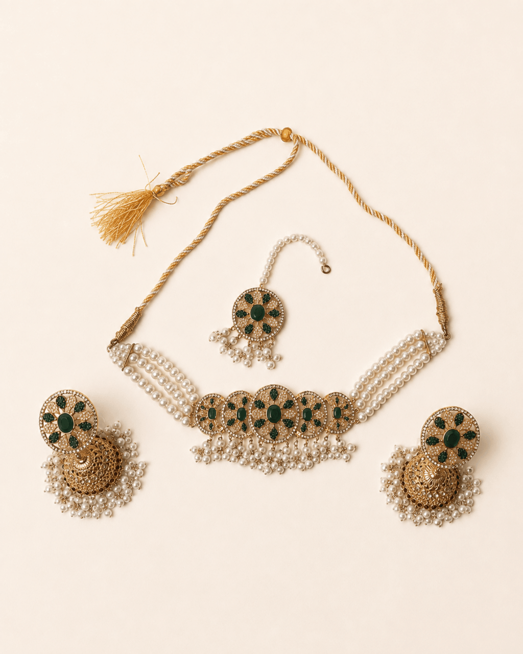 Pearl Floral Choker Set with Jhumka Earrings & Tikka