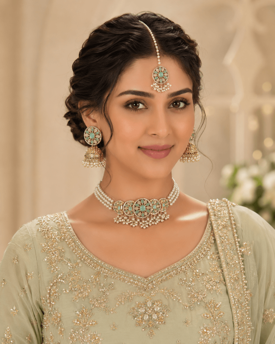 Pearl Floral Choker Set with Jhumka Earrings & Tikka