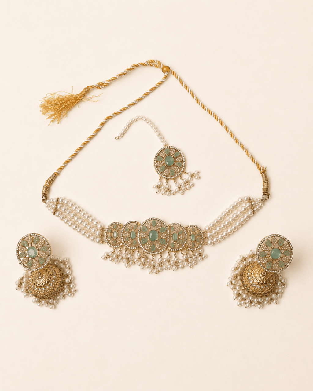 Pearl Floral Choker Set with Jhumka Earrings & Tikka