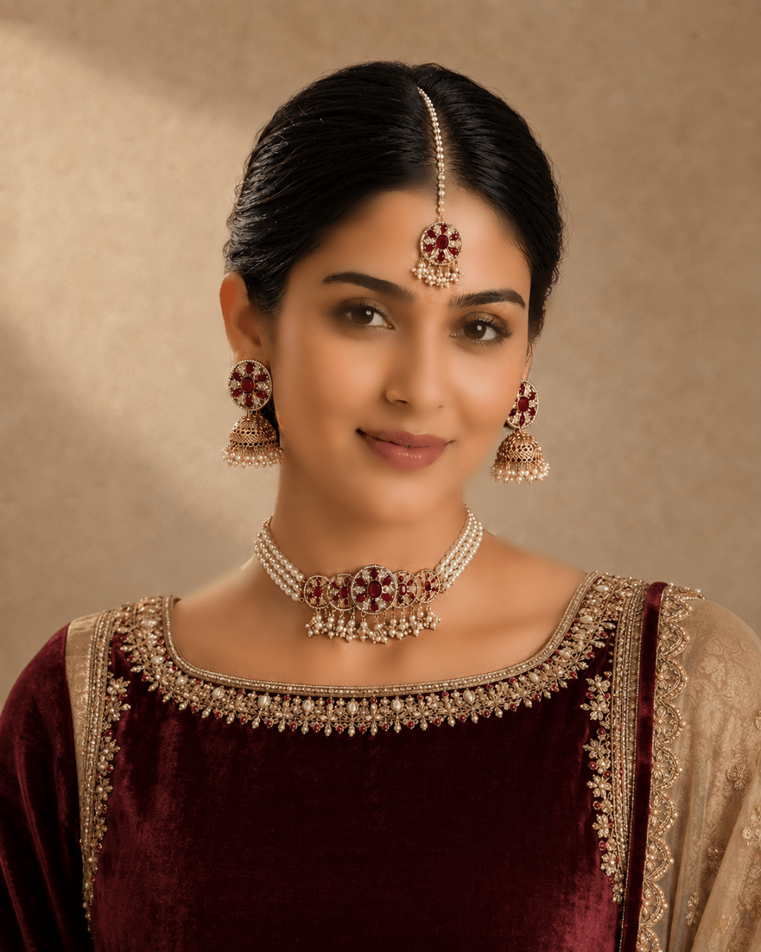 Pearl Floral Choker Set with Jhumka Earrings & Tikka