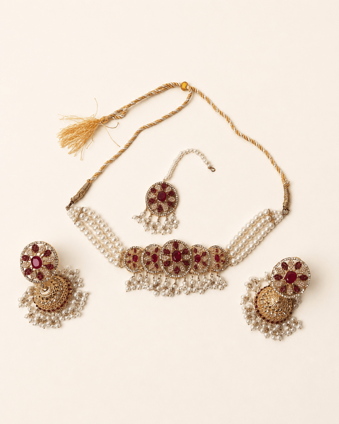 Pearl Floral Choker Set with Jhumka Earrings & Tikka