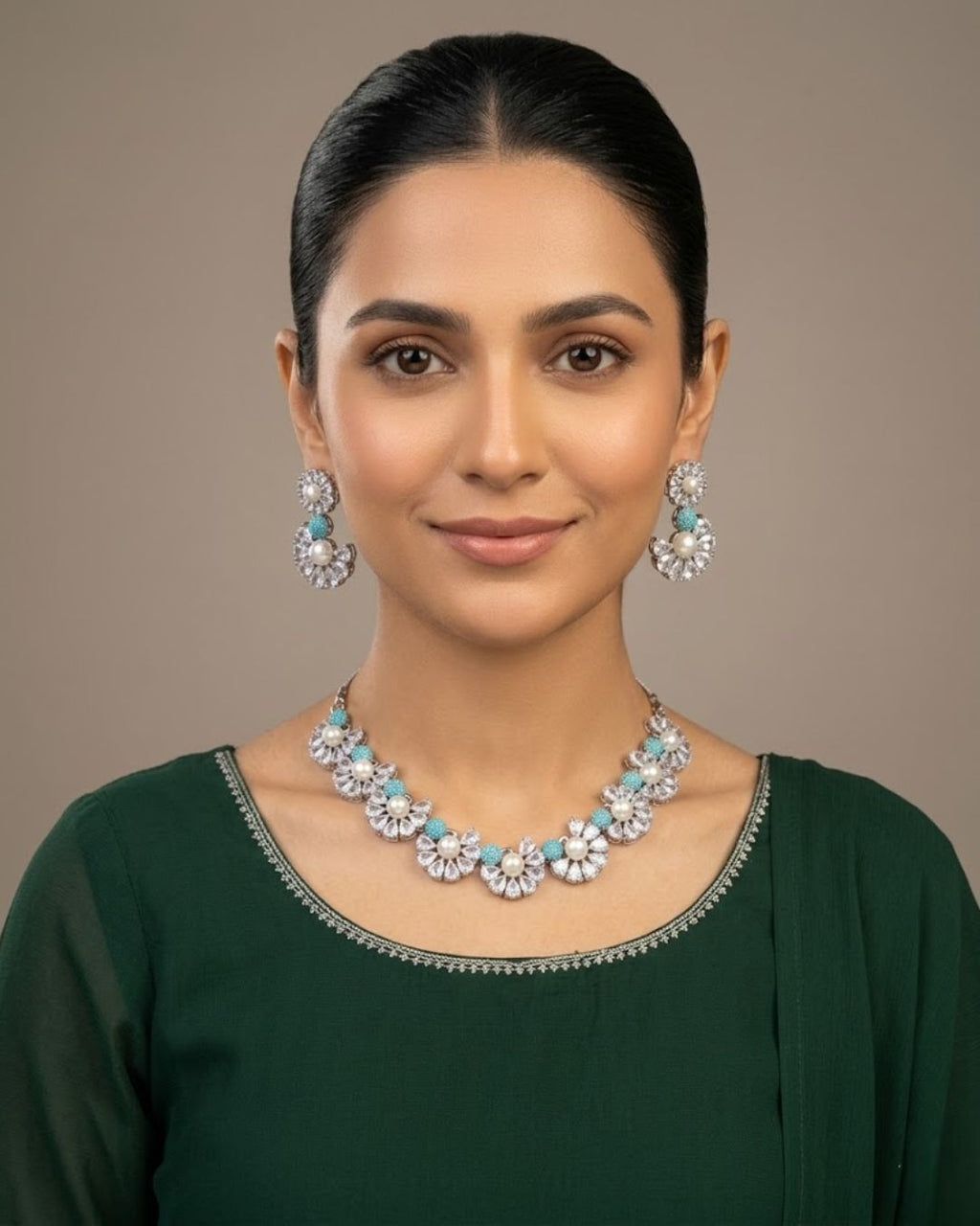 Pearl Floral Zircon Necklace & Earrings Set (5 Color Accents)
