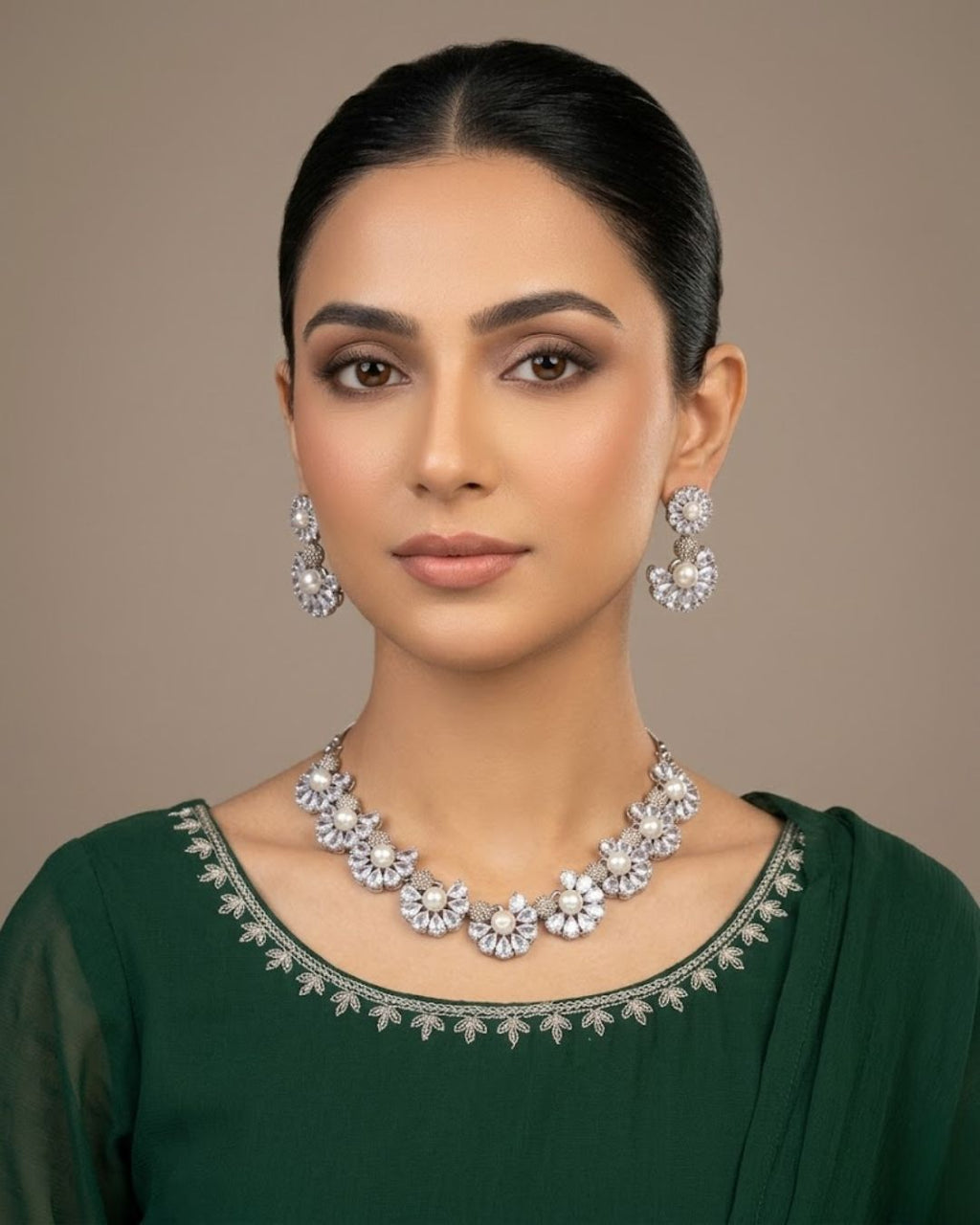 Pearl Floral Zircon Necklace & Earrings Set (5 Color Accents)