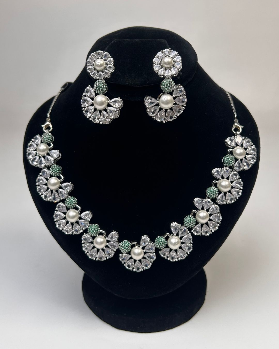 Pearl Floral Zircon Necklace & Earrings Set (5 Color Accents)