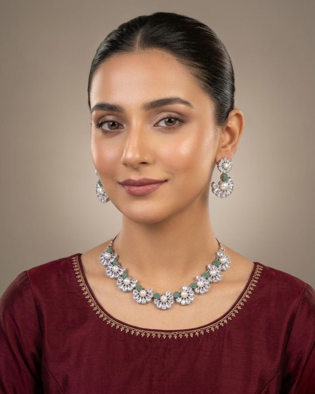 Pearl Floral Zircon Necklace & Earrings Set (5 Color Accents)