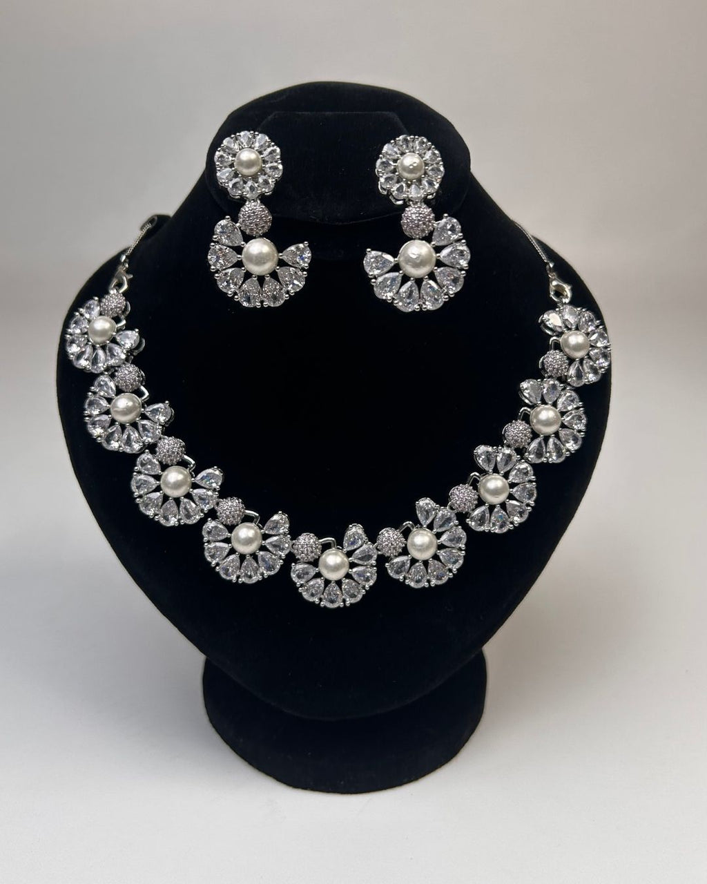 Pearl Floral Zircon Necklace & Earrings Set (5 Color Accents)