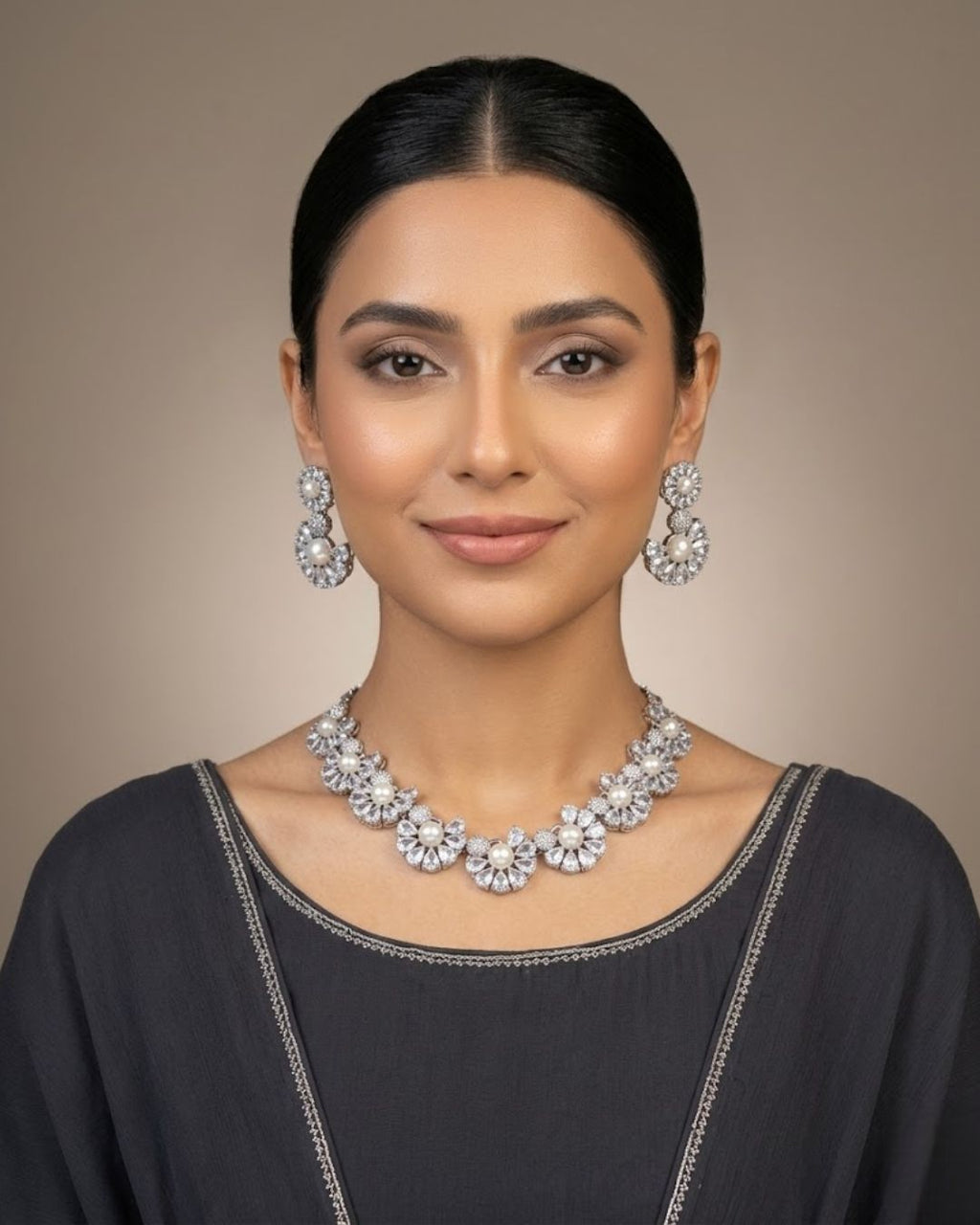 Pearl Floral Zircon Necklace & Earrings Set (5 Color Accents)