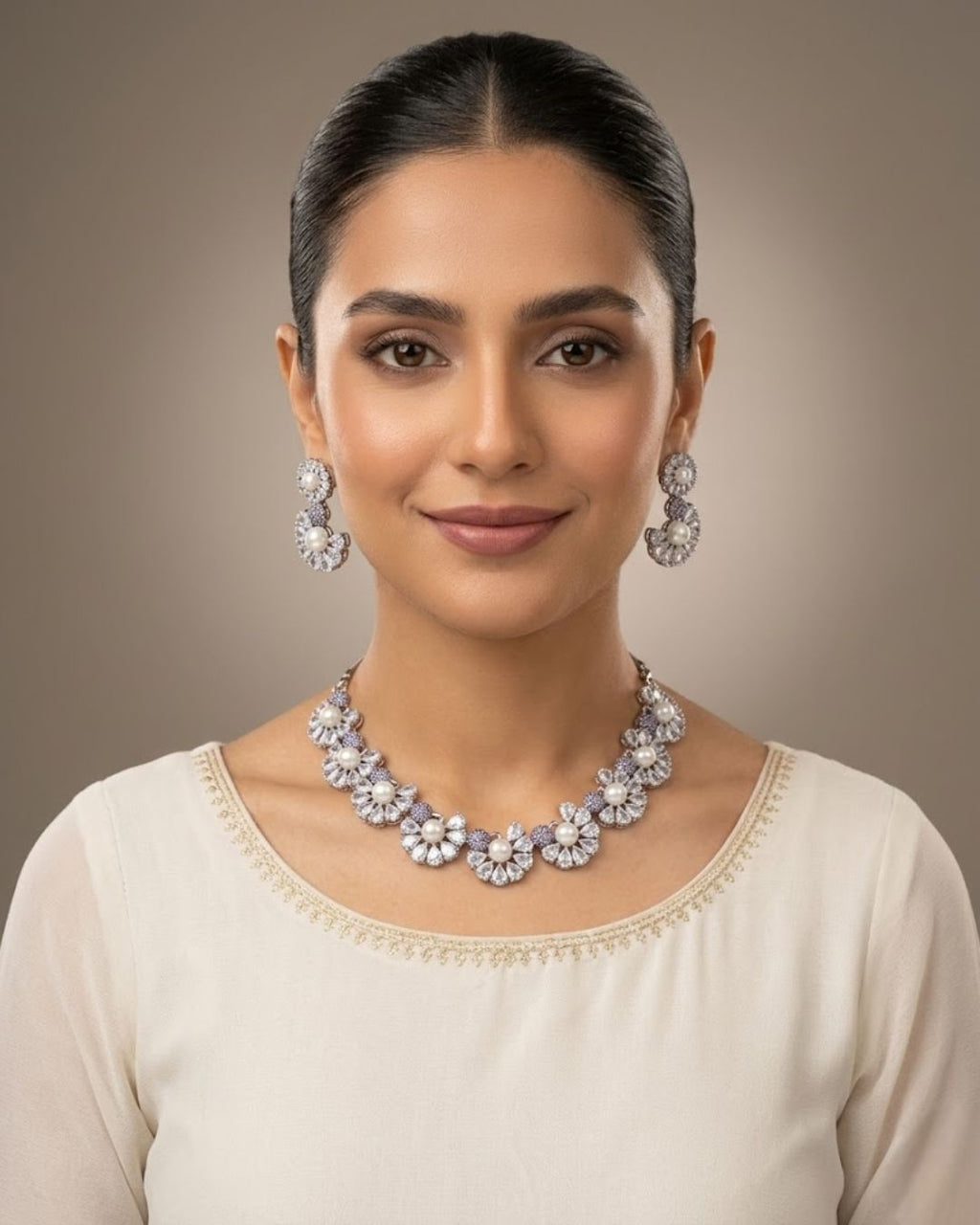 Pearl Floral Zircon Necklace & Earrings Set (5 Color Accents)