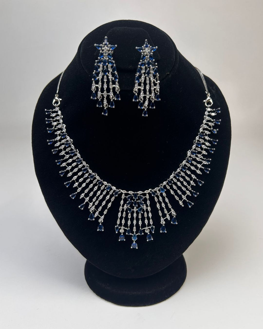Silver Zircon Fringe Necklace & Earrings Set (4 Colors)