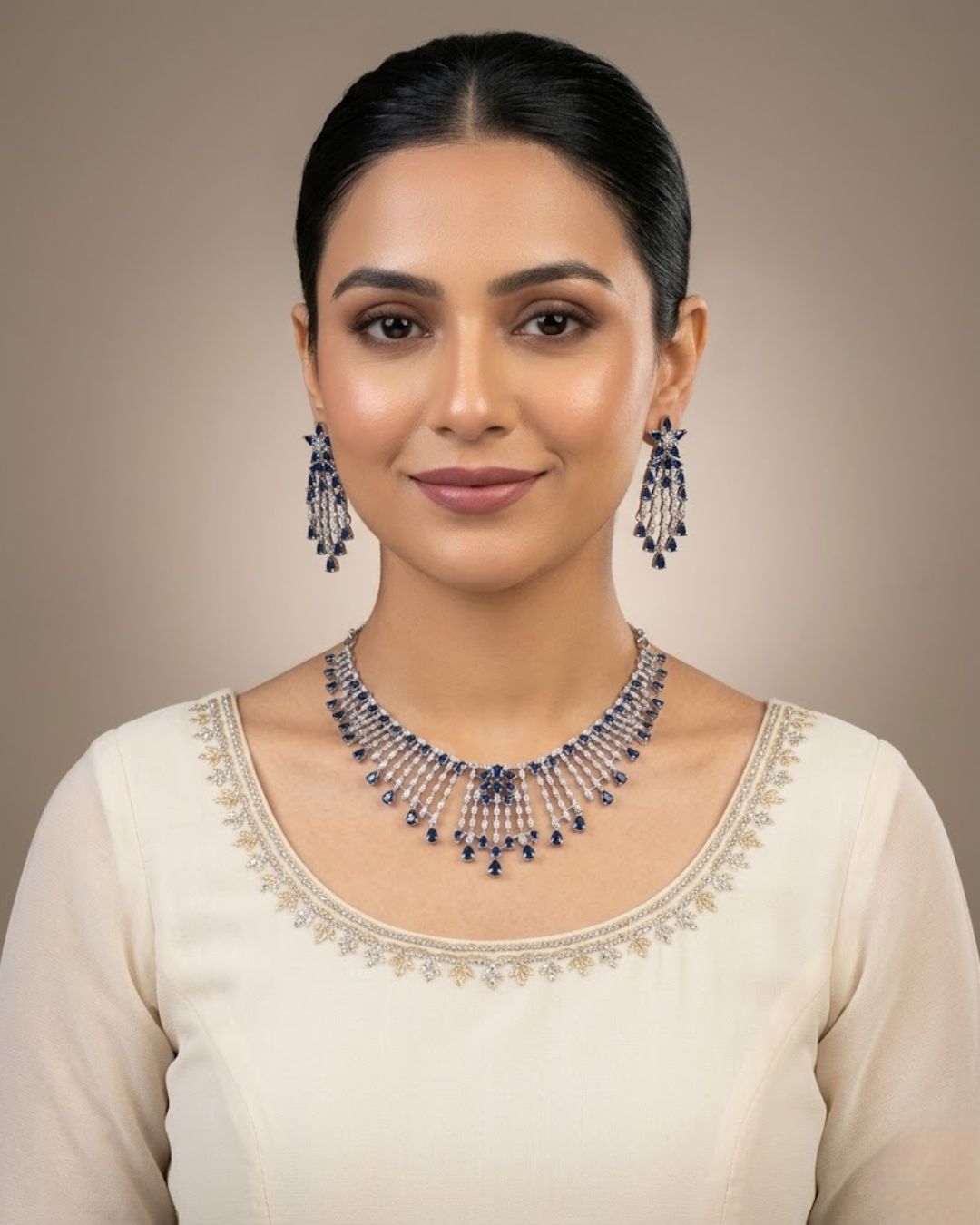 Silver Zircon Fringe Necklace & Earrings Set (4 Colors)
