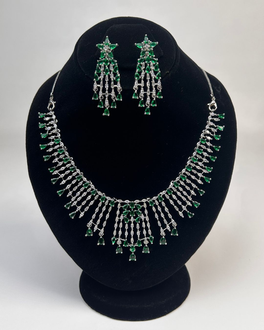 Silver Zircon Fringe Necklace & Earrings Set (4 Colors)