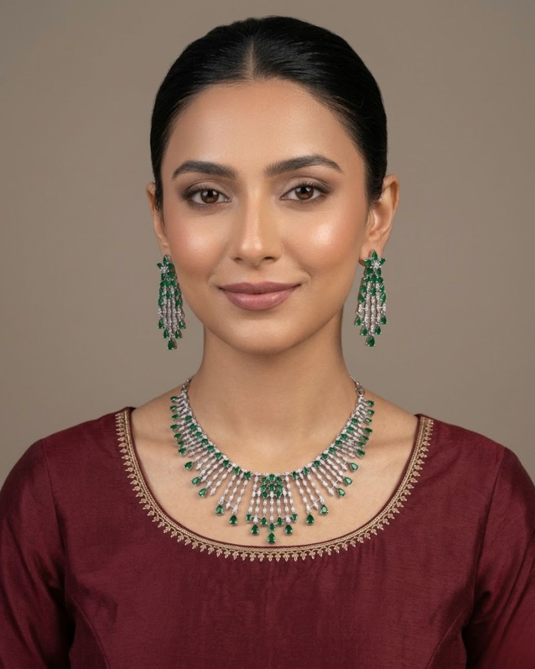 Silver Zircon Fringe Necklace & Earrings Set (4 Colors)
