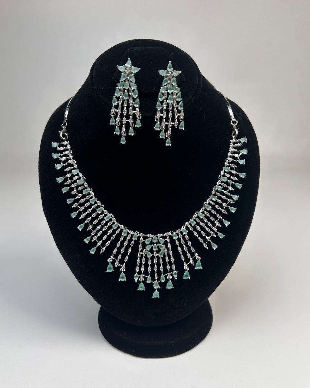 Silver Zircon Fringe Necklace & Earrings Set (4 Colors)
