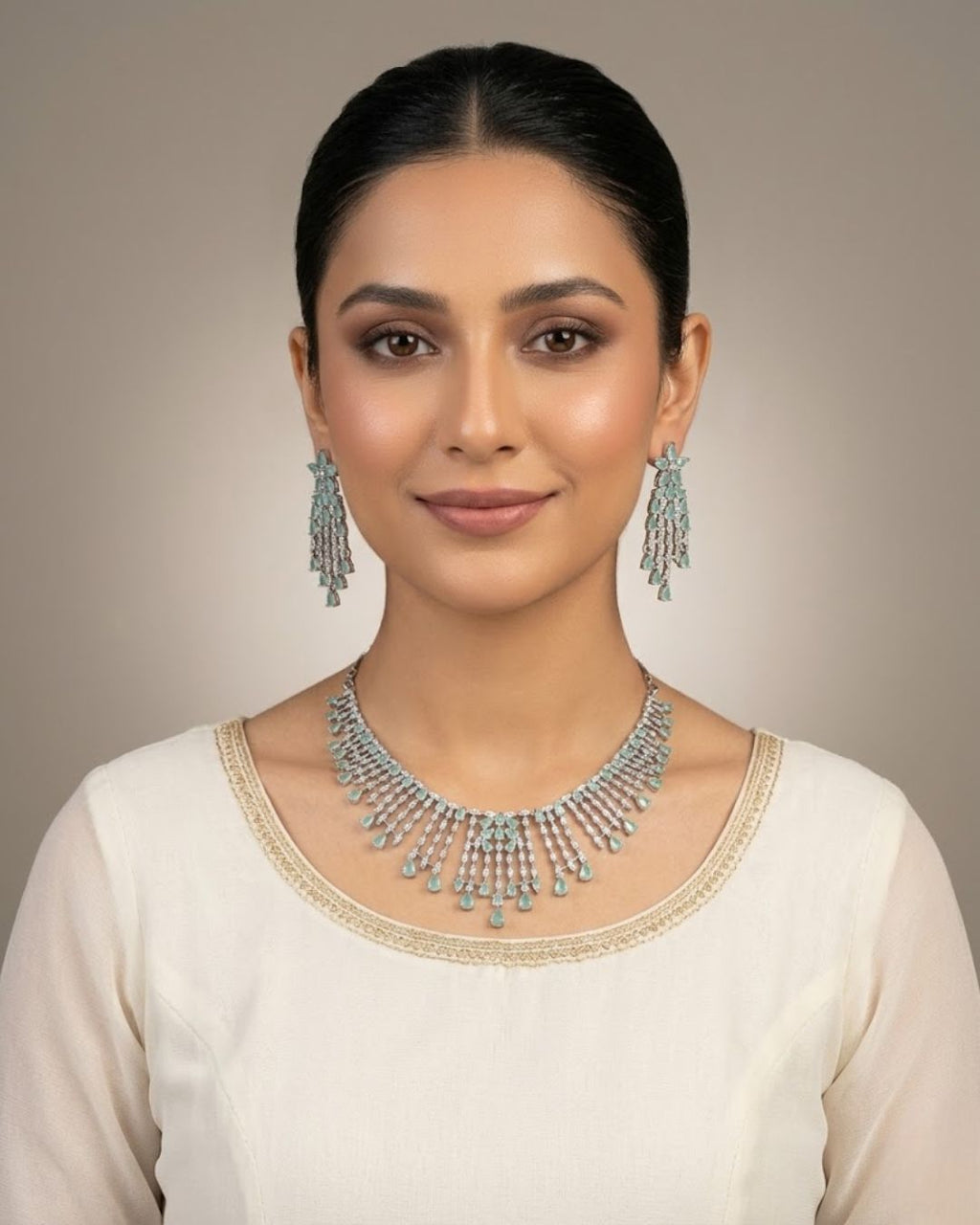 Silver Zircon Fringe Necklace & Earrings Set (4 Colors)