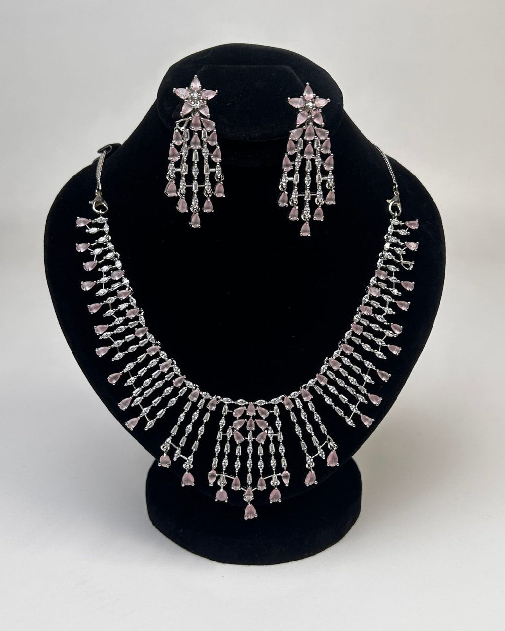 Silver Zircon Fringe Necklace & Earrings Set (4 Colors)